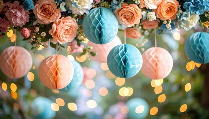 A dreamy floral and paper lantern display with peach roses, blue paper balls, and bokeh lights creates a soft, romantic, and festive atmosphere