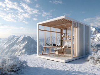 Snow-capped peak workspace with retractable shelter clear panel desk and LED UI