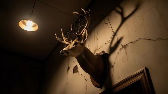 Deer head taxidermy mounted on textured wall with dramatic lighting and shadows rustic vintage aesthetic with warm tones
