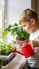 Toddler tending seedlings by window