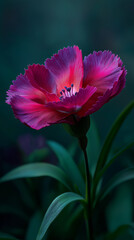 Close up of a vibrant pink flower with green leaves against a dark background