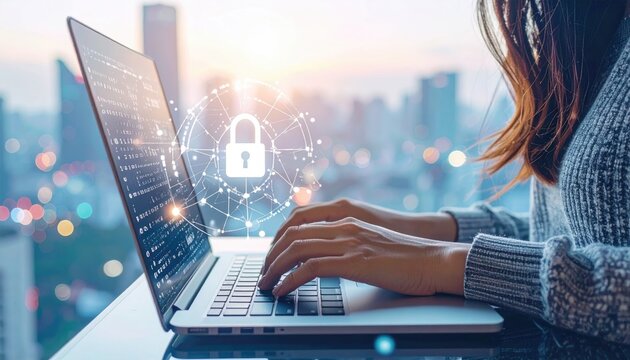 A person types on a laptop. A white lock icon hovers above the keyboard, with a blurred cityscape in the background - Powered by Adobe