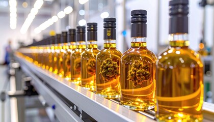Row of glass bottles filled with amber liquid are transported along a conveyor belt inside a bright manufacturing or processing facility