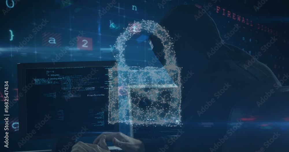 Poster animation of cyber attack warning text, online security padlock and hacker