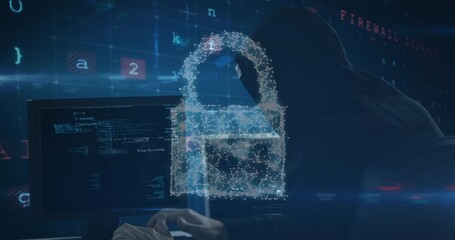 Animation of cyber attack warning text, online security padlock and hacker - Powered by Adobe