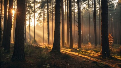 Sunbeams Through Forest Trees with Golden Light and Shadows on Forest Floor woods pine