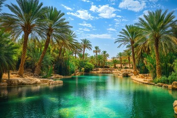 Fototapeta premium Serene Oasis: Lush Palm Trees Framing a Crystal Clear Pool in a Desert Paradise