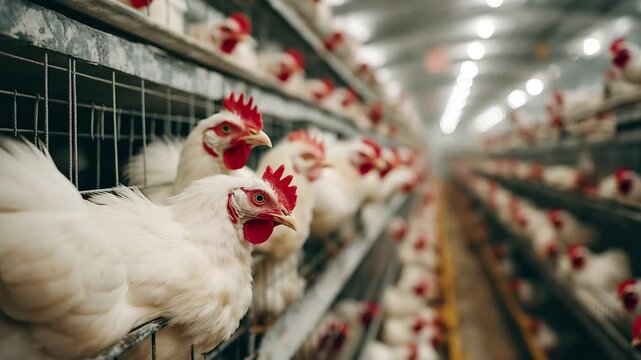White Chickens in Factory Farm Cages, 4k video footage