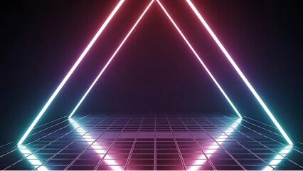 A futuristic geometric pyramid shape formed by vibrant pink and cyan neon lights glowing intensely against a dark moody background with a reflective grid floor
