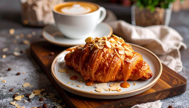 A close-up captures a croissant topped with almonds and caramel drizzle, beside a cappuccino, set on a wooden board.  - Powered by Adobe