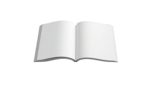 A blank, open book rests on a plain black backdrop, showcasing its pristine white pages.
