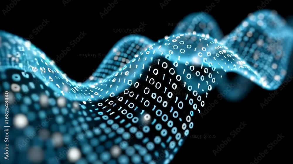 Poster blue abstract binary data wave with glowing digital symbols against dark background. big information