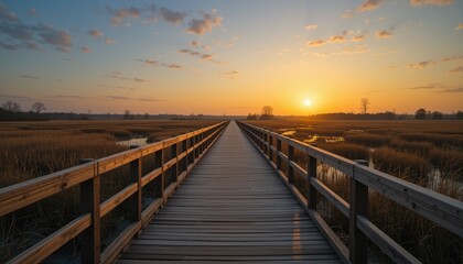 Fototapeta premium A Serene Wooden Boardwalk Leads to a Radiant Sunset Over a Golden Marsh