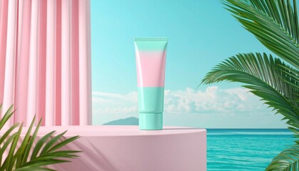 Cosmetic tube on a pink podium with turquoise sea and sky backdrop, framed by a pink curtain and palm leaves