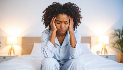 A young woman in blue pajamas sits on a bed, holding her head. She looks worried, with her eyes closed. Soft lighting fills the bedroom scene