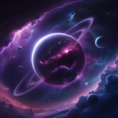 Obraz premium Ringed purple planet with glowing pink nebula clouds and distant moons in a starry cosmos space galaxy