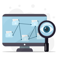 File sharing infected of bug and malware with with eyes on magnifying glasses to spy on. Cyber attack and personal data thief concept. 