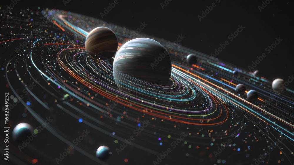 Poster exploring the dynamic solar system with colorful rings and orbits showcasing various planets and the