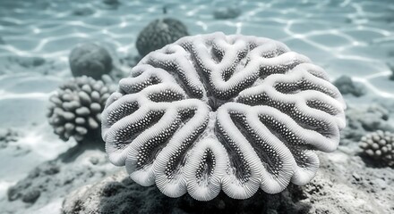 Closeup of a brain coral underwater with sandy seabed
