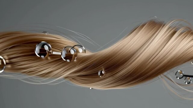 Hair with molecules showing strong hair and treatment. Abstract concept of hair repair and care, 3D animation footage.