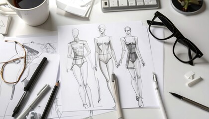 Overhead view of fashion sketches on a white desk amidst office supplies pens, glasses, keyboard, eraser and papers. Bright and neat composition