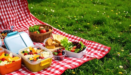 Sunny picnic scene on grass. Red and white checkered blanket with containers of fruit, salad, and sandwiches. Outdoor setting with vibrant colors