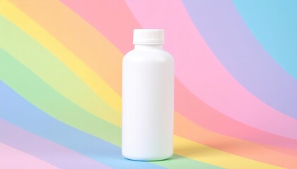 A plain white bottle with a secure cap is centered against a soft, vibrant backdrop of curved rainbow stripes, creating a clean and simple presentation