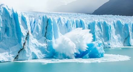 Massive glacier calving into turquoise water with ice chunks breaking off