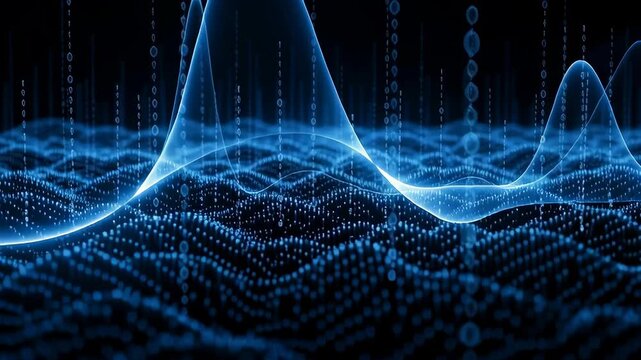 Blue digital wave with binary code. Sound frequency visualization for data analysis. Technology background, abstract.