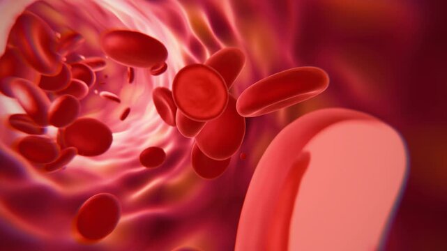 Red blood cells in an artery or blood vessel , flow inside body, medical human health-care. 3D Rendering.Blood cells in motion within an artery, showcasing scientific research, cardiovascular health
