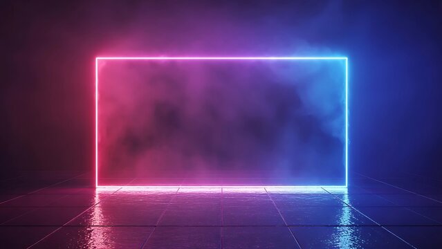 A glowing neon square frame with pink and blue light illuminated by smoke and mist against a dark textured background with reflections on a wet floor