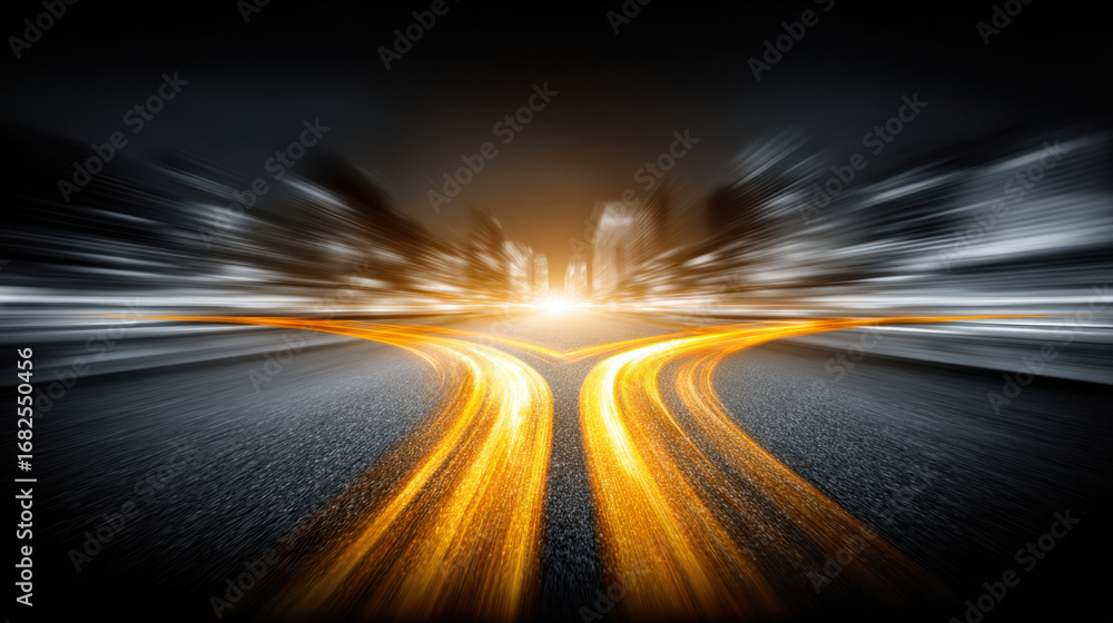 Poster dynamic view of road splitting into two paths, illuminated by bright orange light trails, creating s