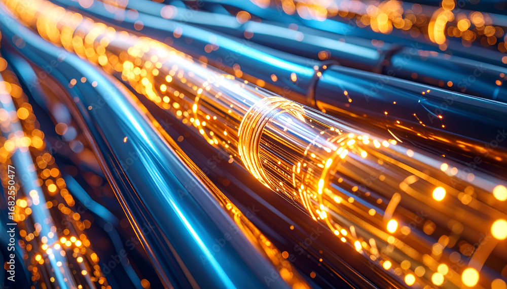 Poster digital data transmission: a close-up shot showcases the rapid movement of information. the photogra