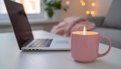 Cozy workspace pink candle-filled mug, laptop, blurred couch and window, soft light. Relaxing, inviting, and warm