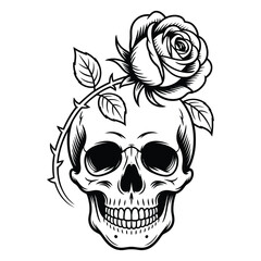 A detailed black and white illustration of a human skull adorned with a blooming rose and thorny vine symbolizing life and death