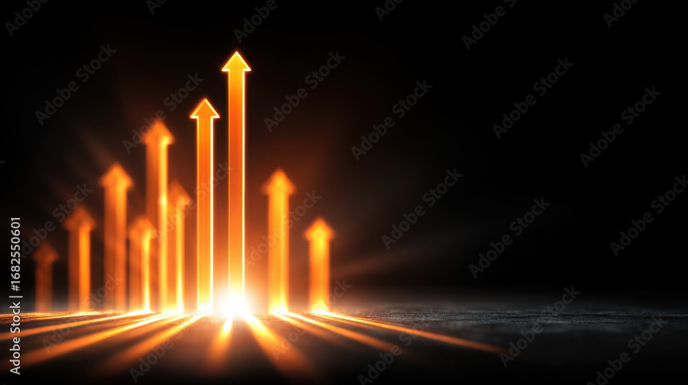 Poster abstract representation of growth with glowing orange arrows pointing upwards against dark backgroun