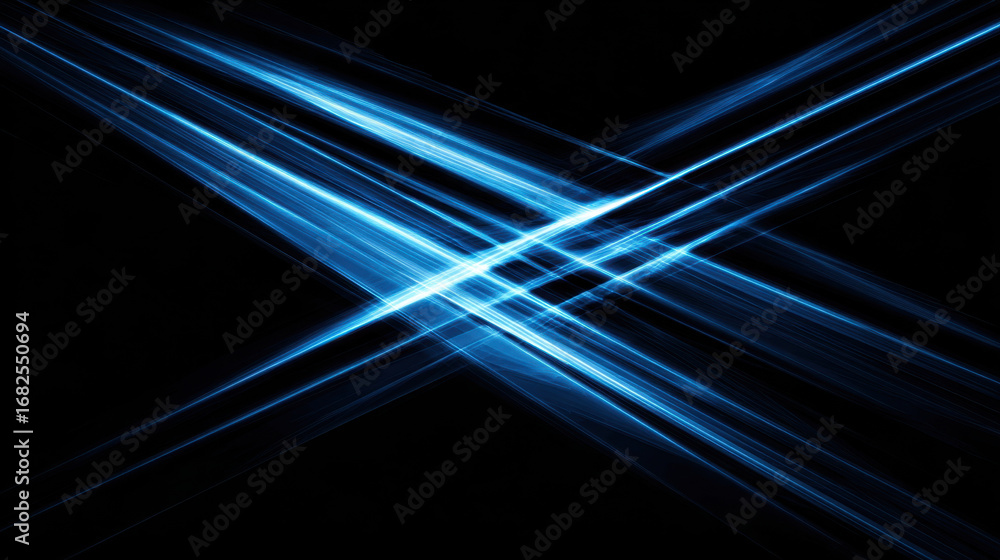 Poster bright blue light beams intersecting in dynamic pattern create striking visual effect against dark b