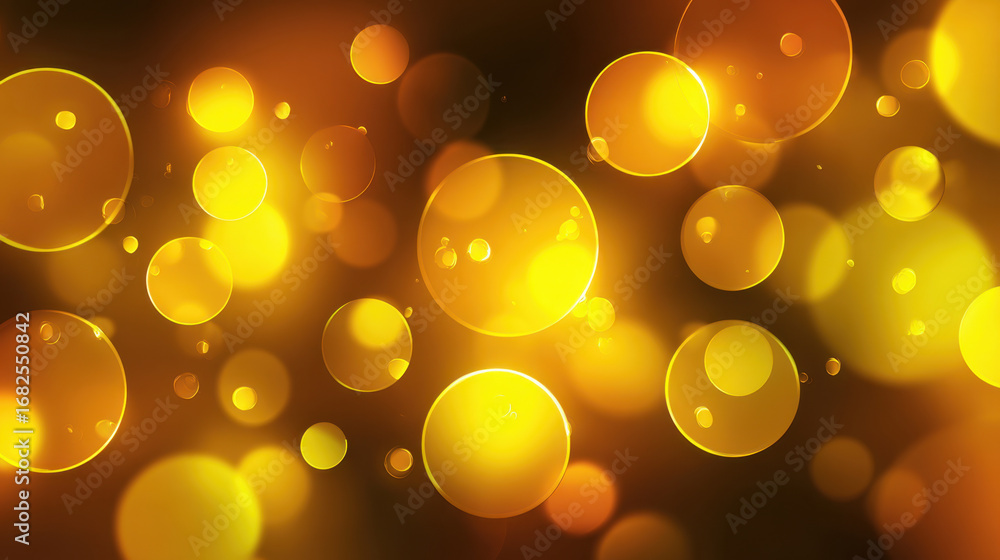 Poster bright golden bubbles float against dark background, creating warm and inviting atmosphere. soft glo