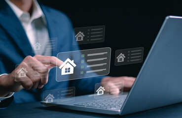 Real estate management concept, User navigating a digital home listings platform in a contemporary workspace, leveraging tools for real estate management, checklist planning, and property evaluations.