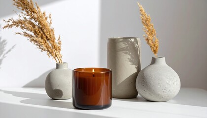 Elegant still life of a lit amber candle and dried wheat in decorative vases, creating a warm, minimalist aesthetic against a bright, white backdrop
