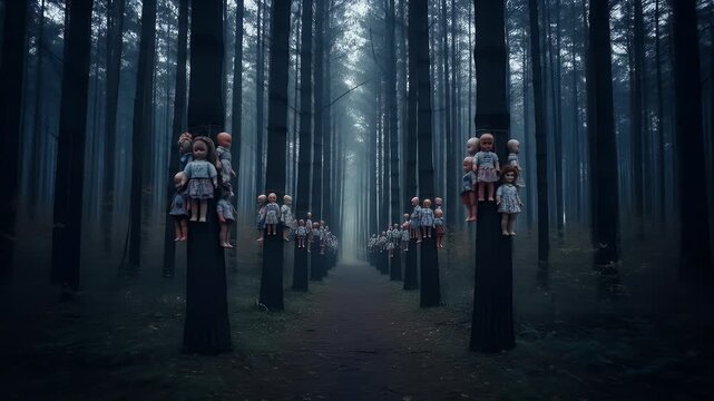 Eerie display of vintage dolls on tree trunks within a misty haunting forest setting creating an uncanny and surreal unsettling atmosphere