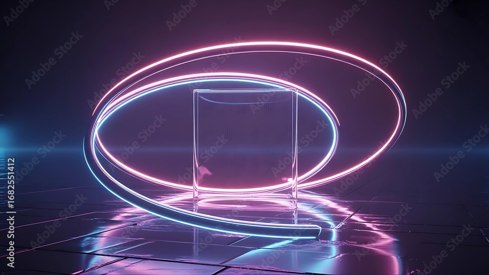 Poster abstract futuristic neon light sculpture with circular and rectangular elements reflecting on a dark