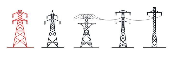 Set of five electric power transmission towers and poles vector icons in minimalist line art style with high voltage cables and insulators for electricity infrastructure design