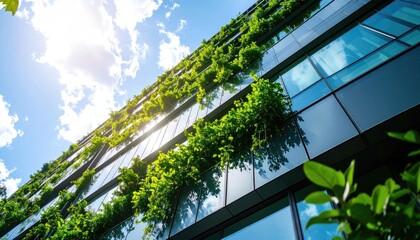 Modern glass building exterior covered in lush green vegetation, under a bright blue sky with fluffy white clouds and sun flare