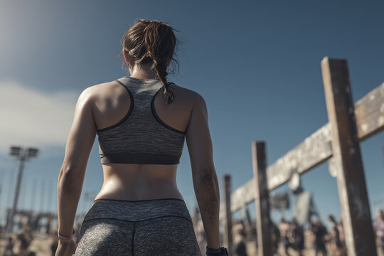 Female runner standing back to camera, preparing for obstacle course, sporty outfit, high-resolution, dynamic outdoor training scene, realistic textures, motivational sports concept.
