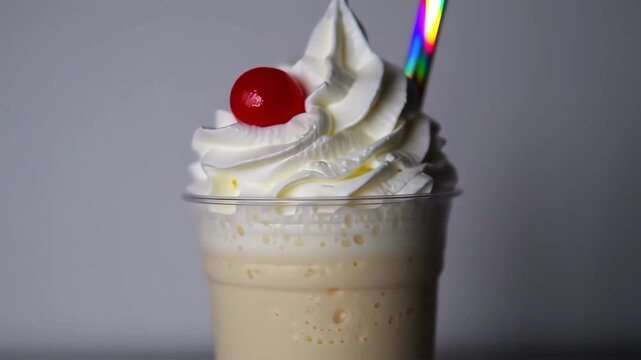 A close-up of a plastic cup filled with a milkshake, topped with whipped cream and a maraschino cherry. A rainbow-colored straw is visible