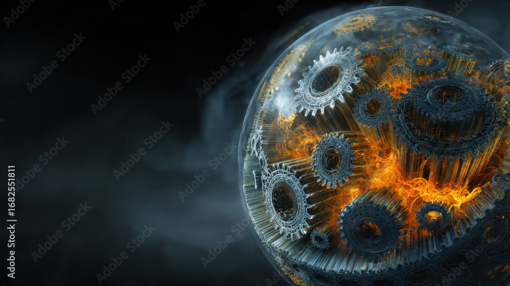 Poster futuristic globe featuring intricate gears and fiery elements, symbolizing innovation and technology