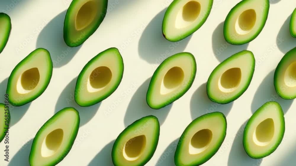 Poster fresh avocado halves displayed on a smooth surface in a bright and colorful composition