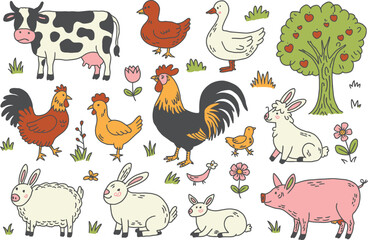 Farm Animals Illustration Cute Countryside Scene with Chickens Cows Goats and More