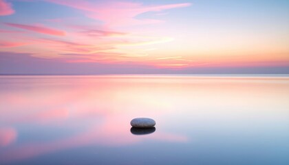 Smooth stone sits in still water reflecting a soft, colorful sunset with pink and peach hues in the sky above the calm horizon